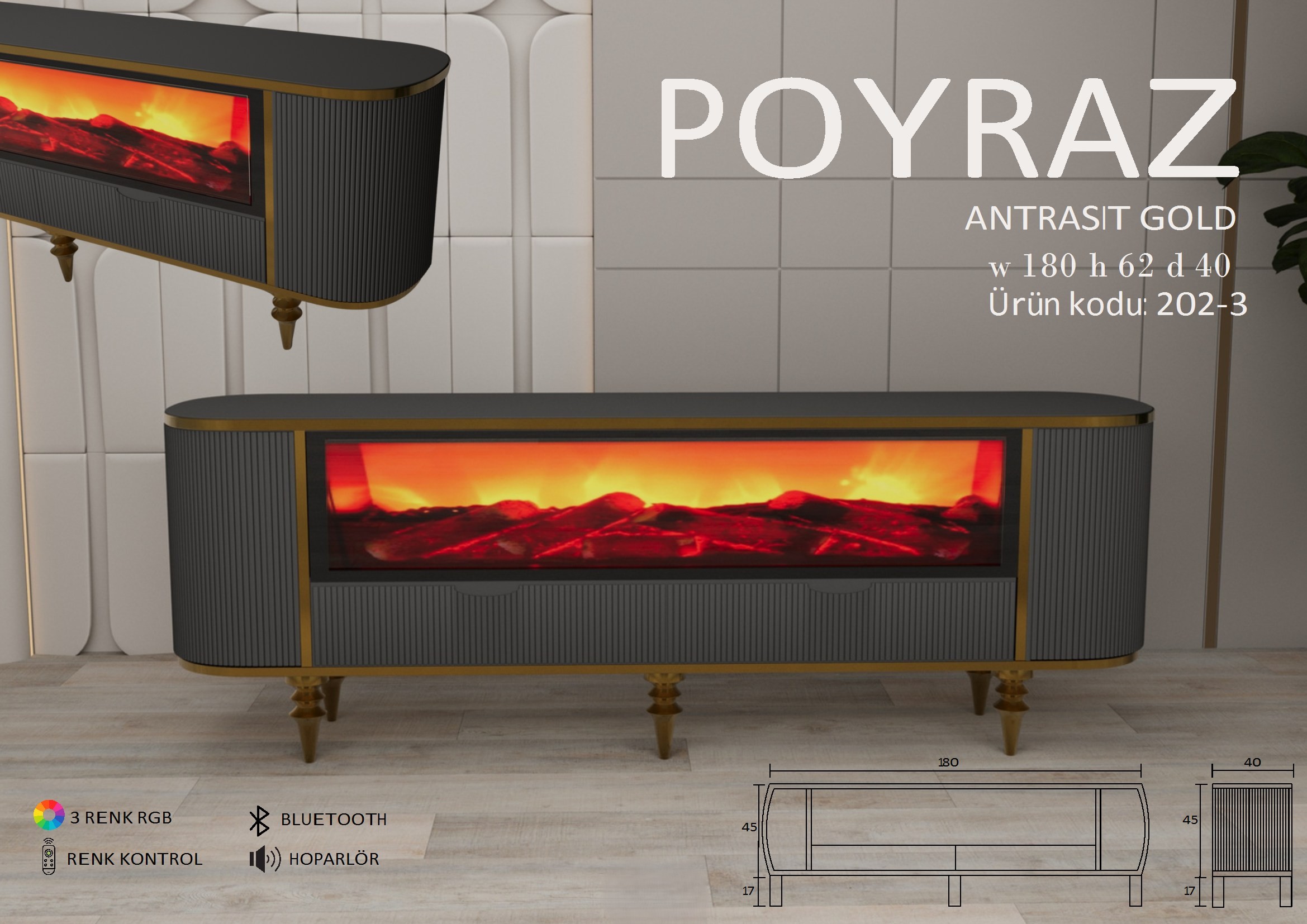 Poyraz Şömineli Antrasit Gold Ünite Modeli