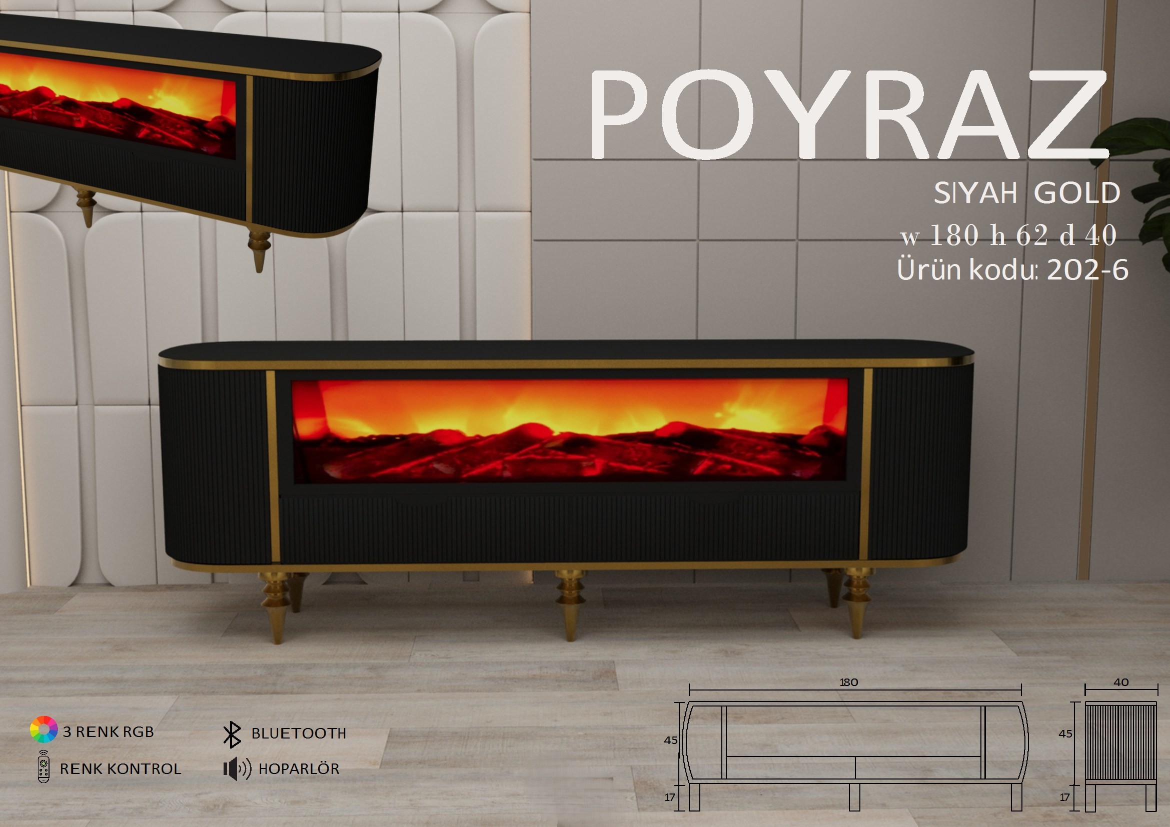 Poyraz Şömineli Siyah-Gold Ünite Modeli