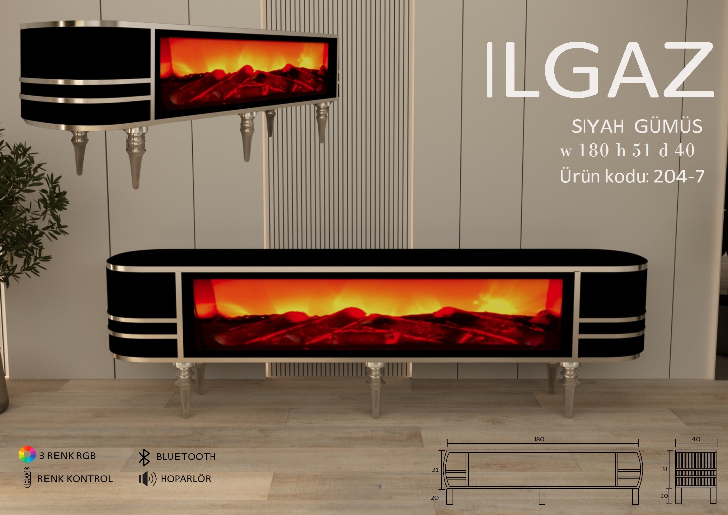 Ilgaz Şömineli Siyah-Gümüş Ünite Modeli