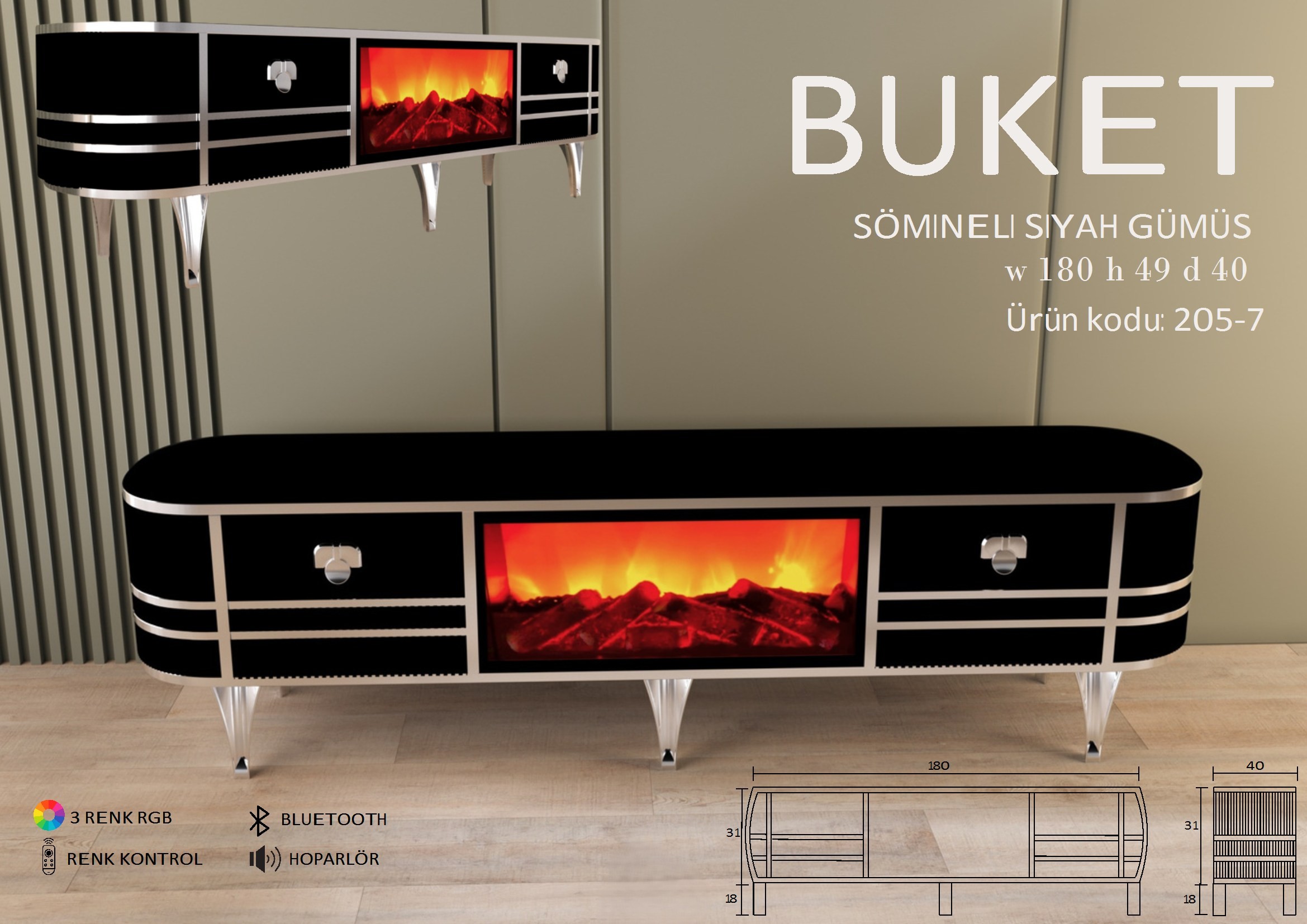 Buket Şömineli Siyah-Gümüş Ünite Modeli